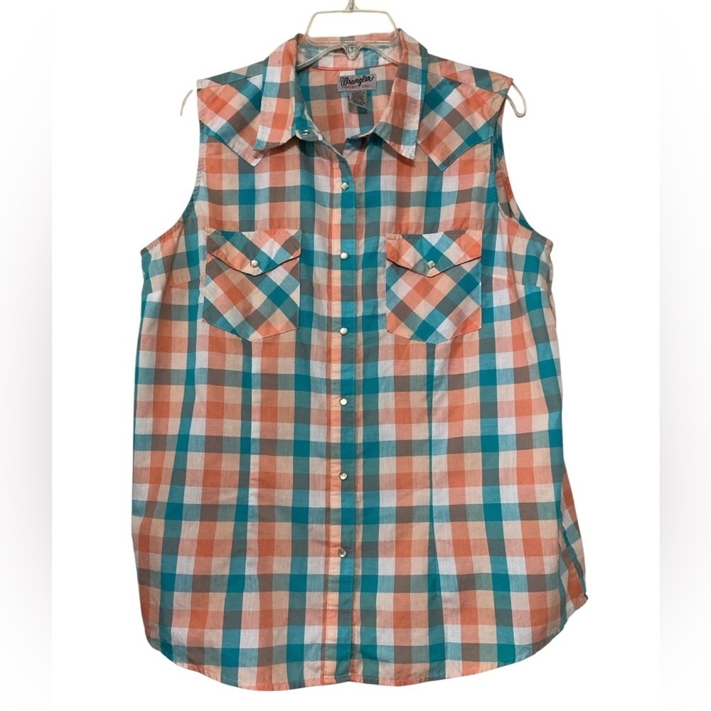 Wrangler Orange and Teal Checkered Sleeveless Shirt